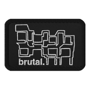 Pode incluir: Etiqueta bordada preta com um design gráfico branco de um horizonte urbano estilizado e o texto "brutal."