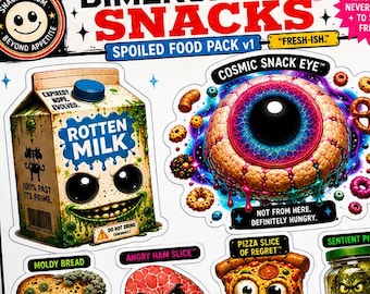 Funny Weird Food Stickers | Spoiled Snacks Sticker Pack | Creepy Cute Vinyl Decals | Strange Food Art | Dimensional Snacks v1