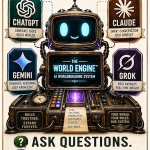 Pu&ograve; includere: Una console meccanica etichettata The World Engine AI Worldbuilding System con uno schermo centrale, occhi blu luminosi e pannelli di controllo. &Egrave; circondata da icone per ChatGPT, Claude, Gemini e Grok, con testo sull'integrazione dell'IA.