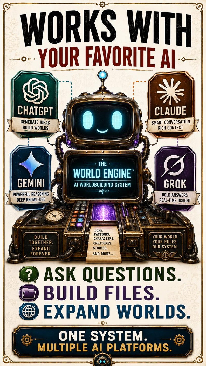 Pu&ograve; includere: Una console meccanica etichettata The World Engine AI Worldbuilding System con uno schermo centrale, occhi blu luminosi e pannelli di controllo. &Egrave; circondata da icone per ChatGPT, Claude, Gemini e Grok, con testo sull'integrazione dell'IA.