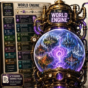 May include: A World Engine AI worldbuilding system advertisement featuring a large, ornate, brass-coloured machine with a glowing purple orb containing floating fantasy landscapes. The text includes World Engine, Build Entire Worlds With AI, and a list of nine source files for creating lore, factions, characters, and stories.