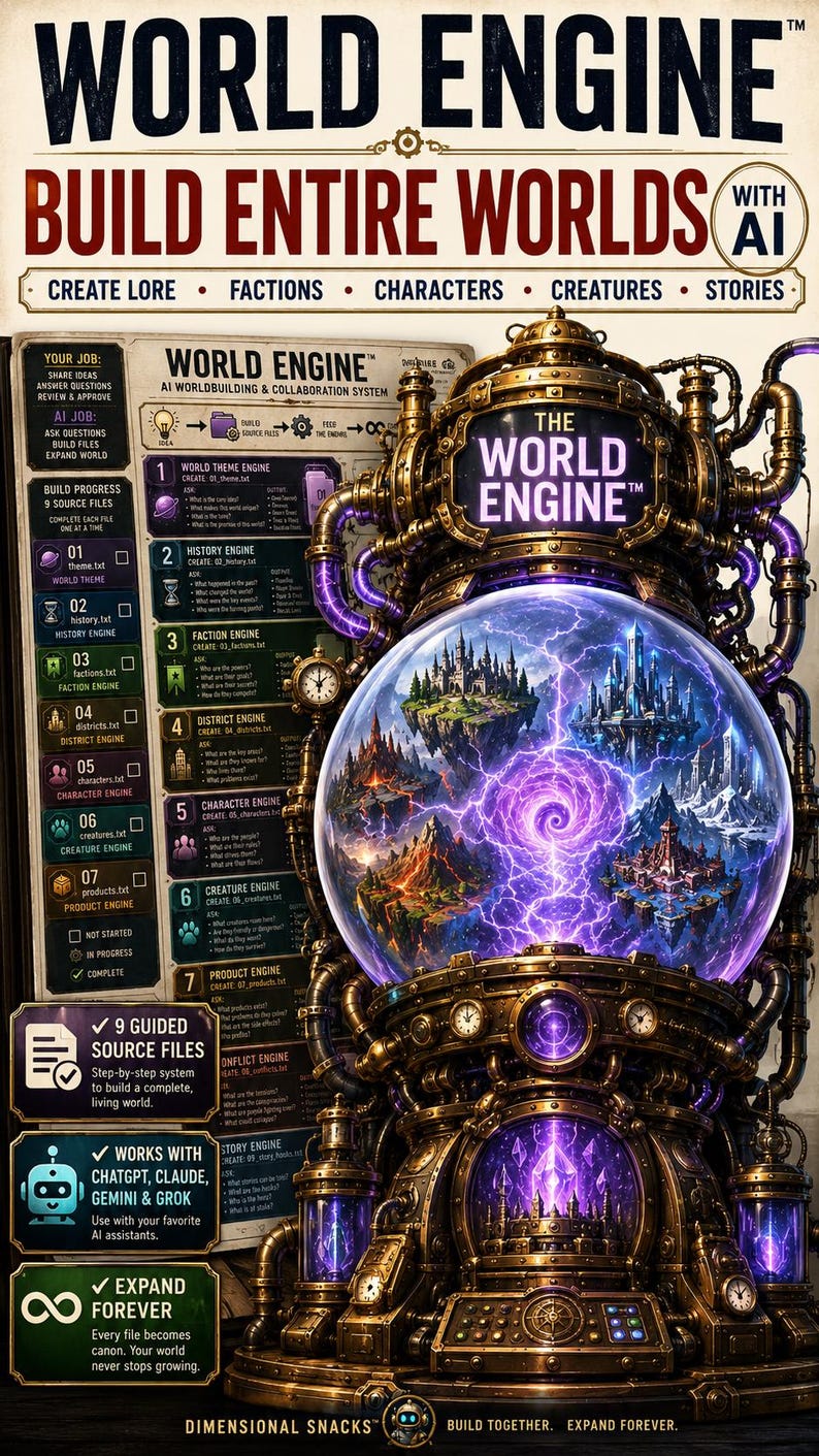 Pu&ograve; includere: Una pubblicit&agrave; per il sistema di worldbuilding tramite IA World Engine, che mostra una grande macchina ornata color ottone con un globo viola luminoso contenente paesaggi fantasy fluttuanti. Il testo include World Engine, Build Entire Worlds With AI e un elenco di nove file sorgente per creare tradizioni, fazioni, personaggi e storie.