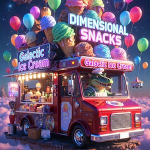 May include: A fantastical image of a red ice cream van labelled "Galactic Ice Cream" and "Dimensional Snacks." The van is decorated with colourful balloons and floats in a dreamy, cloud-filled sky. A cartoon alligator is driving the van.