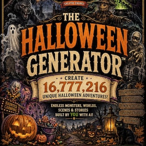 Puede incluir: Un póster promocional de The Halloween Generator de Dimensional Snacks, con ilustraciones de un vampiro, hombre lobo, fantasma, bruja, espantapájaros, momia y payaso. El texto dice: Create 16,777,216 unique Halloween adventures, endless monsters, worlds, scenes and stories.