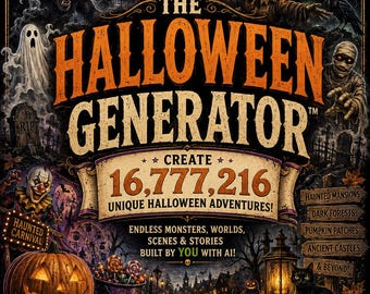 Halloween Generator™ / Generatore di prompt AI / Creatore di storie spettrali, mostri e mondi fantastici / Download digitale per uso commerciale