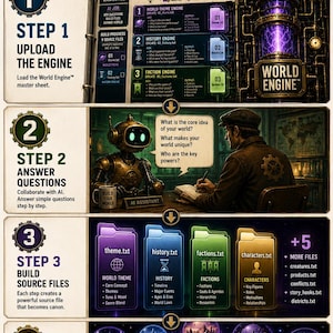 Pu&ograve; includere: Un'infografica intitolata How The World Engine Works, che descrive un processo in quattro fasi per la creazione di mondi tramite IA. Include un'illustrazione di un motore meccanico, un robot e una persona che collaborano, icone di file e un portale.