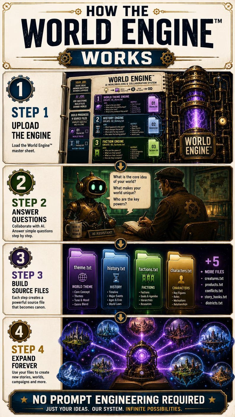Pu&ograve; includere: Un'infografica intitolata How The World Engine Works, che descrive un processo in quattro fasi per la creazione di mondi tramite IA. Include un'illustrazione di un motore meccanico, un robot e una persona che collaborano, icone di file e un portale.