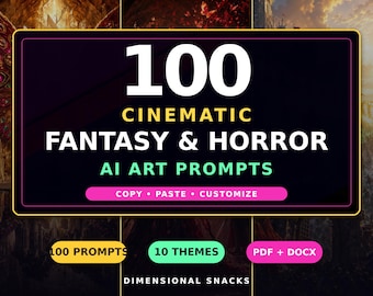 100 spunti artistici fantasy e horror generati dall'IA / Pacchetto di spunti per immagini cinematografiche / Uso commerciale / PDF + DOCX modificabile