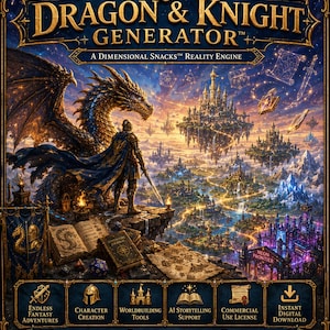 May include: A digital product cover titled Dragon & Knight Generator, A Dimensional Snacks Reality Engine. It features a golden dragon and a knight overlooking a floating fantasy landscape with castles, mountains, and a neon frontier city.