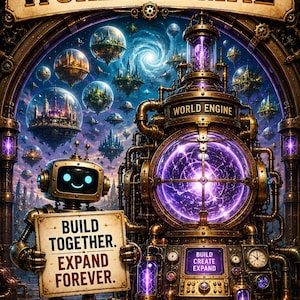 Pu&ograve; includere: Un poster in stile steampunk con un piccolo robot che tiene un cartello con la scritta BUILD TOGETHER. EXPAND FOREVER. Accanto c'&egrave; una grande macchina etichettata WORLD ENGINE con un nucleo viola brillante e citt&agrave; fluttuanti.