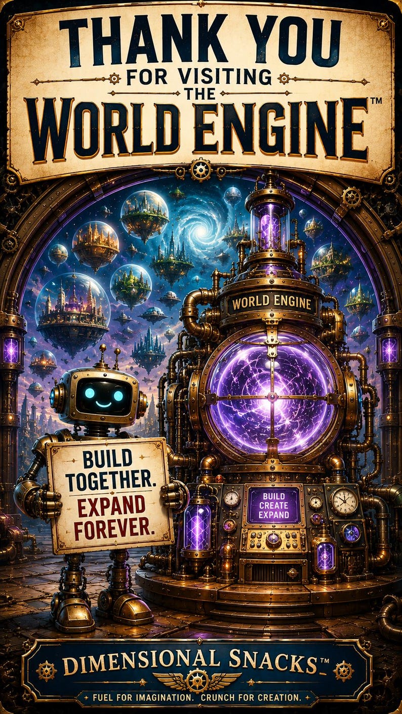 Pu&ograve; includere: Un poster in stile steampunk con un piccolo robot che tiene un cartello con la scritta BUILD TOGETHER. EXPAND FOREVER. Accanto c'&egrave; una grande macchina etichettata WORLD ENGINE con un nucleo viola brillante e citt&agrave; fluttuanti.