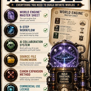 Pu&ograve; includere: Un foglio informativo per il download digitale intitolato WHAT'S INCLUDED, che descrive in dettaglio una World Engine Master Sheet, un flusso di lavoro in 9 fasi, un sistema di collaborazione IA, un framework di file sorgente e una licenza d'uso commerciale.