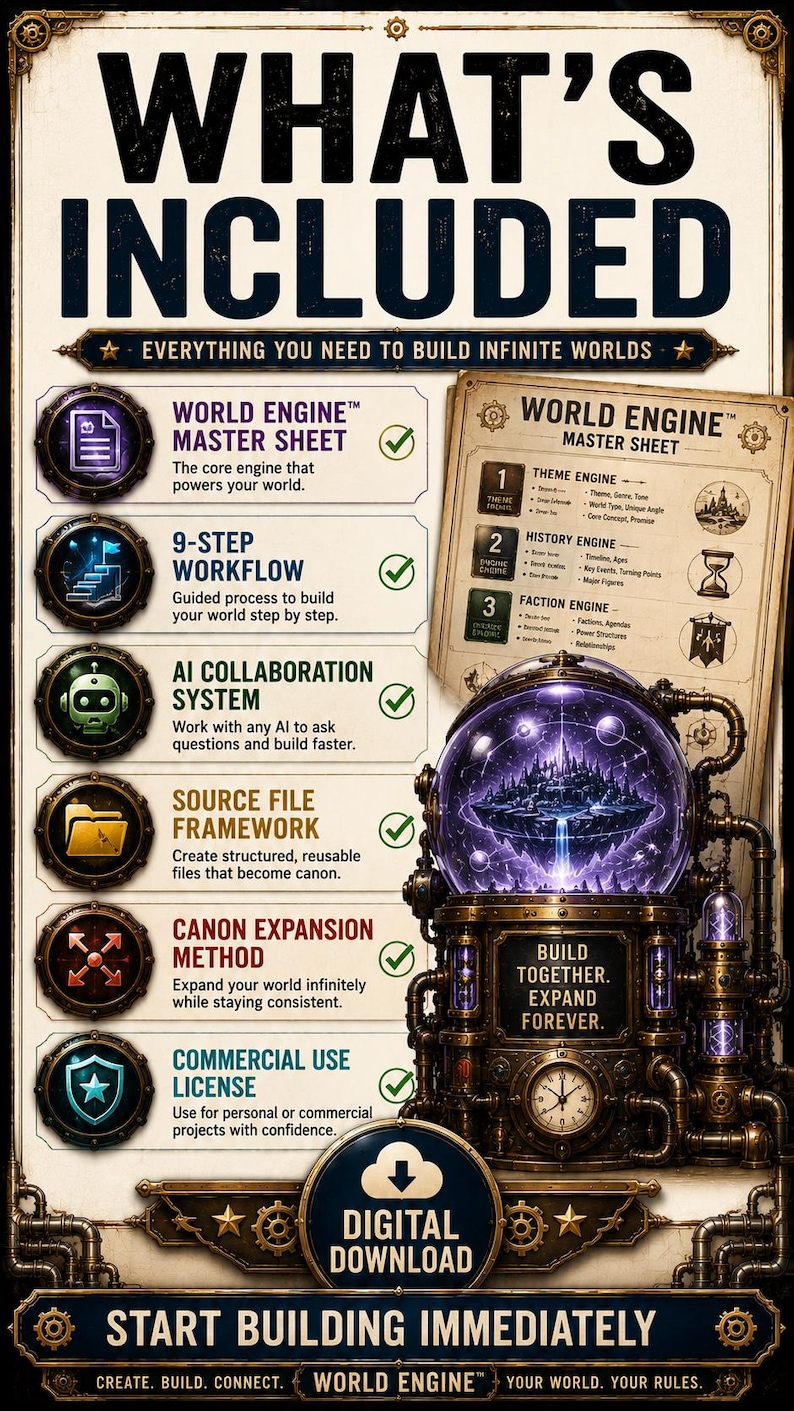 Pu&ograve; includere: Un foglio informativo per il download digitale intitolato WHAT'S INCLUDED, che descrive in dettaglio una World Engine Master Sheet, un flusso di lavoro in 9 fasi, un sistema di collaborazione IA, un framework di file sorgente e una licenza d'uso commerciale.