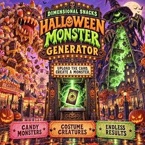 May include: A digital illustration titled Dimensional Snacks Halloween Monster Generator featuring a central machine with the text Upload the card. Create a monster. Flanked by a candy creature and a wizard, with buttons labeled Candy Monsters, Costume Creatures, and Endless Results.