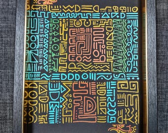 Walking Maze Original Artwork by Jacy Rojas Hand Drawn Acrylic Metallic on Black in Black & Gold Frame 9"x11" Ready To Hang