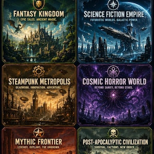 Pu&ograve; includere: Un poster promozionale intitolato ONE ENGINE. ENDLESS SETTINGS. che presenta sei distinti pannelli illustrati: Fantasy Kingdom, Science Fiction Empire, Steampunk Metropolis, Cosmic Horror World, Mythic Frontier e Post-Apocalyptic Civilization.