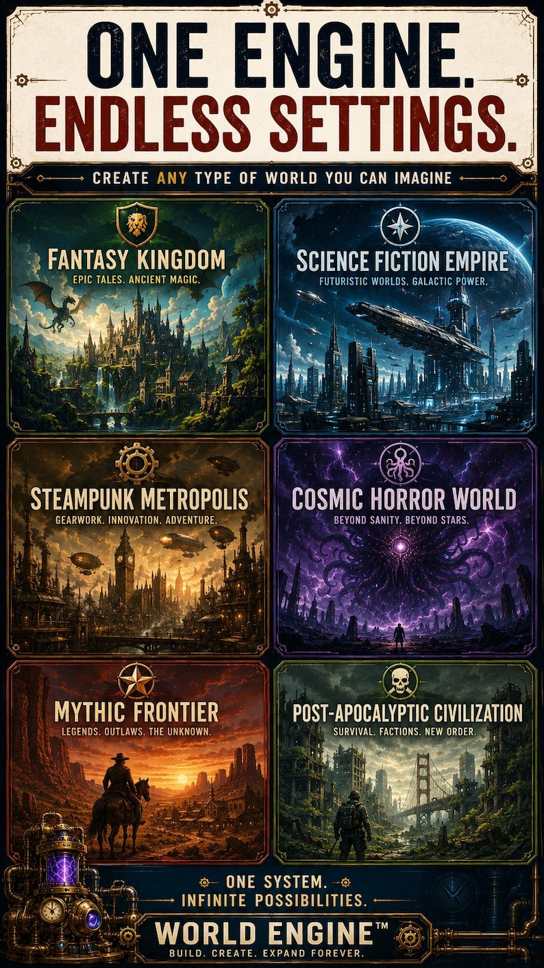 Pu&ograve; includere: Un poster promozionale intitolato ONE ENGINE. ENDLESS SETTINGS. che presenta sei distinti pannelli illustrati: Fantasy Kingdom, Science Fiction Empire, Steampunk Metropolis, Cosmic Horror World, Mythic Frontier e Post-Apocalyptic Civilization.