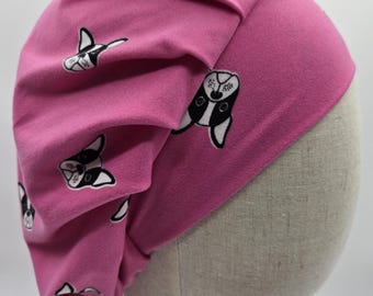 Scrub hat: Super Soft stretch knit. Black and white pups on pink