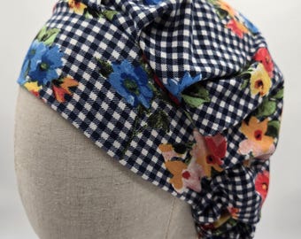 Checkered Floral Scrub Hat: Soft Stretchy Knit, Blue White Gingham Flowers