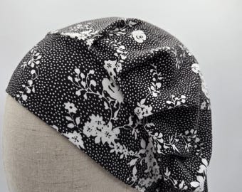 Floral Stretch Knit Scrub Hat: Black and White Vines and Dots (One Size)