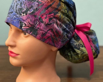 Batik Scrub Hat with Leaves and Multicolor