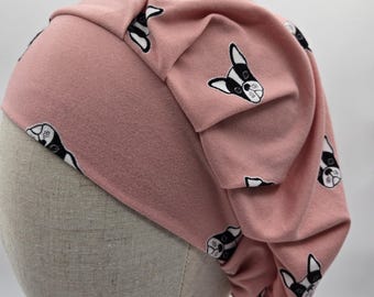 Scrub hat: Super Soft stretch knit. Black and white pups on light pink.