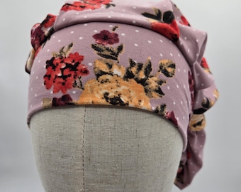 Floral Scrub Hat: Soft Stretch Knit, Pink Polka Dot, Red Yellow Flowers