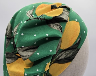 Green Scrub Hat: Super Soft Stretch Knit, green with lemons and white polka dots