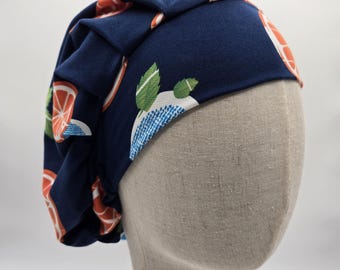 Blue Scrub Hat: Super Soft Stretch Knit, blue with orange slices