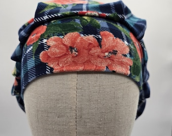 Plaid Scrub hat: Super Soft Stretch Knit. Blue plaid with red flowers.