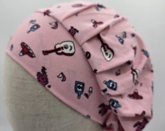 Soft Stretch Knit Scrub Hat: Pink Cactus, Guitar, Sombrero Print