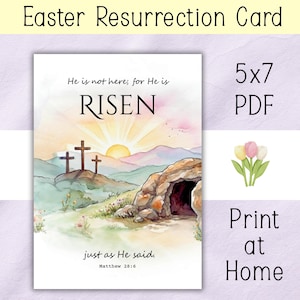Pode incluir: Cartão de Ressurreição da Páscoa com ilustração em aquarela. O cartão apresenta três cruzes, um túmulo e o texto "RISEN" e "just as He said". O cartão é 5x7 e pode ser impresso em casa.