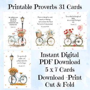 Set von 4 Sprüche 31 Frau Blumen Fahrrad druckbare 5 x 7 Grußkarten Christliche Schrift Bibel-Verskarten Sofortiger PDF Digitaler Download