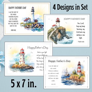 May include: Set of four 5x7 inch Father's Day cards with lighthouse designs. Each card features a different watercolor illustration of a lighthouse on a rocky coast, accompanied by inspirational text from the Bible.