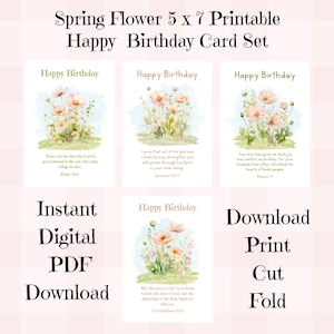 Set of 4 Scripture Happy Birthday Cards Printable Spring Pink Floral Birthday Cards 5 x 7 Bible Verse Cards Instant PDF Digital Download