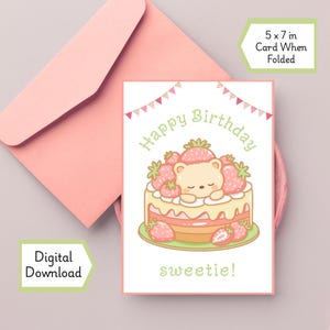 Feliz Cumpleaños, Cariño, Jesús te ama, Tarjeta de Cumpleaños, Descarga Digital en PDF, Tarjeta de Cumpleaños Imprimible para Niña, Tarjeta de Fresa Estilo Kawaii