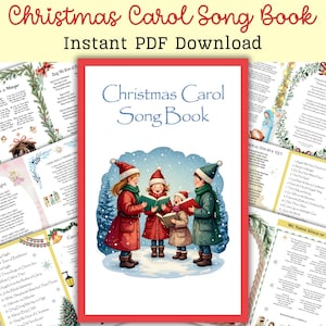 May include: A Christmas Carol Song Book PDF download. The cover features an illustration of children singing carols in the snow. The book's title is in blue script, with the words "Christmas Carol Song Book" and "Instant PDF Download" at the top.