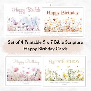 Conjunto de 4 cartões de feliz aniversário com borboletas e flores silvestres, versículos bíblicos cristãos, cartão de felicitações para impressão, download digital instantâneo em PDF
