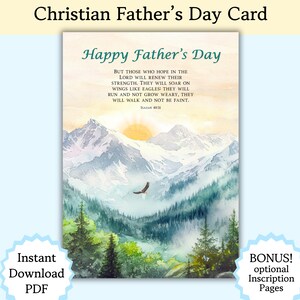 May include: A Father's Day card with a watercolor landscape of mountains, trees, and a soaring eagle. The card features the text "Happy Father's Day" and a Bible verse. The card is available as an instant PDF download.