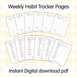 Può includere: Una raccolta di pagine stampabili per il monitoraggio delle abitudini settimanali. Ogni pagina presenta sezioni per il monitoraggio delle attività, con spazio per le note. Le pagine sono bianche con accenti di colori pastello e il testo "Weekly Habit Tracker Pages" e "Instant Digital download pdf".
