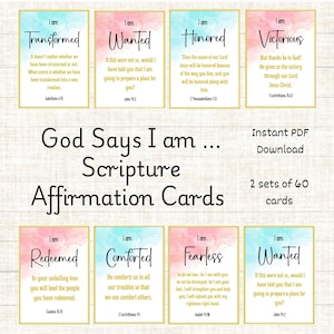 May include: A collection of scripture affirmation cards with watercolor backgrounds. Each card features a different affirmation such as "Transformed," "Wanted," and "Honored." The cards are designed for instant PDF download and come in two sets of 60 cards.