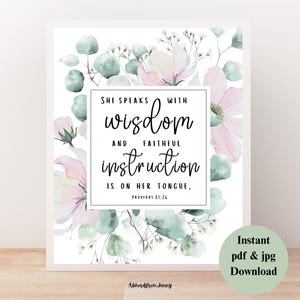 Proverbs 31:26 She speaks with Wisdom Christian Faith Scripture Bible Verse Quote Digital Printable Mother's Day Gift for Mom Her Home Decor