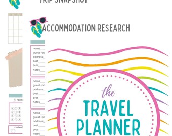 Puede incluir: Un planificador de viajes imprimible con un diseño colorido. El planificador incluye secciones para la instantánea del viaje, la investigación de alojamiento y notas. El planificador también presenta un gráfico de un avión y el texto "the travel planner".