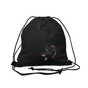 May include: Black drawstring bag with a graphic of Spider-Man swinging from a web.