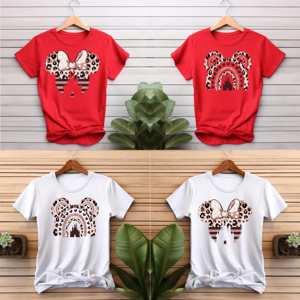 Leopard Disney Ears Shirt – Minnie Mouse Bow Tee – Cute Castle Mickey Shirt – Disney Vacation Outfit for Ladies, Disney Birthday Couple Gift