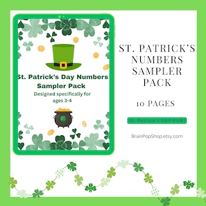 May include: A digital St. Patrick's Day Numbers Sampler Pack for ages 3-4, shown on a tablet. The image includes a green leprechaun hat, a pot of gold, shamrocks, and the text "St. Patrick's Day Fun!"