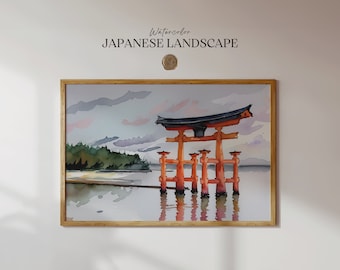 Japanisches Poster mit Kiefernholzrahmen, Watercolor JAPAN Poster, Aesthetic Wall Art, Printed Poster, Landscape Print | PS-1115