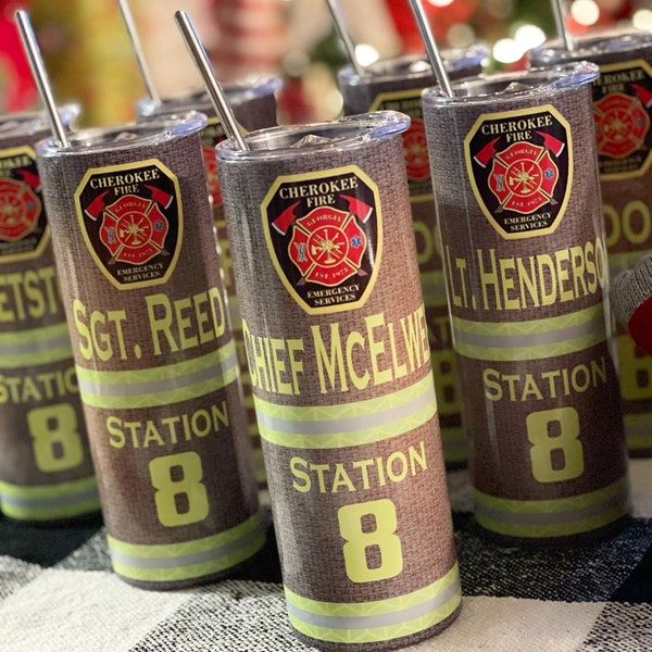 Firemen Tumbler Customized with Station and Badge Firefighters Firemen Gifts Personalized Gifts for Him Turnout Gear Design