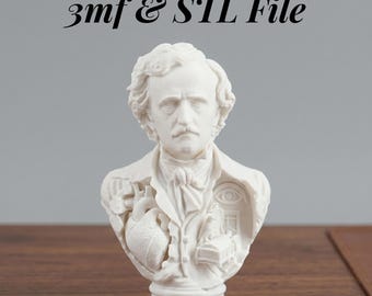 Edgar Allan Poe Byst STL-fil Tell Tale Heart 3MF Ladda ner gotisk 3D-utskriftsmodell Dark Academia Decor STL Skräckbyst Digital Fil