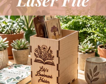 Bokmärkeshållare Laserfil Digital nedladdning Träbokmärkesförvaringslåda Anpassningsbar designfil för Xtool och Glowforge